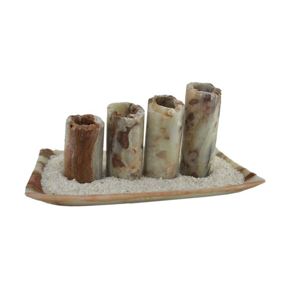 Red and White Marble Artisan Hand Crafted 5 Piece Marble Candle and Tray Set